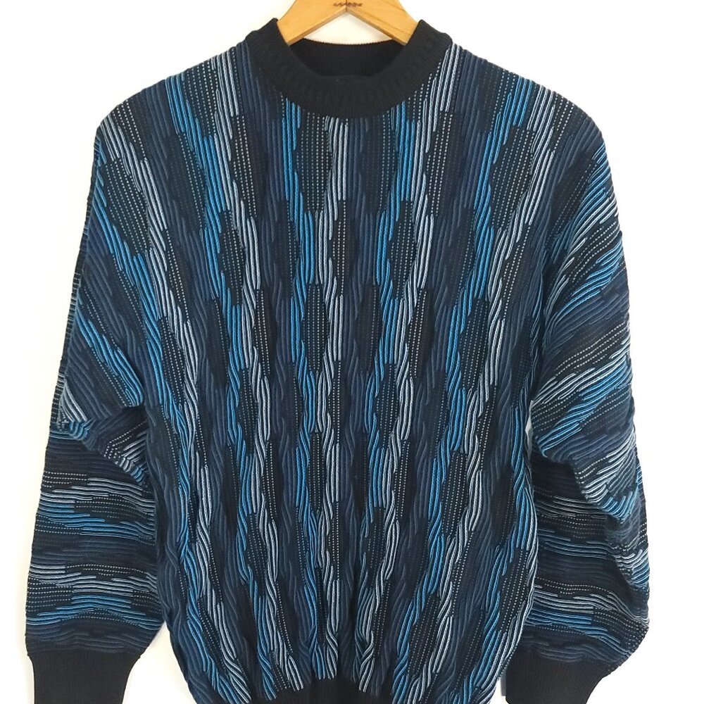 Protege Sweater Men's XL Blue Black Geometric 3D Design Long Sleeve Pullover